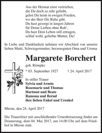 Traueranzeige von Margarete Borchert (geb. Römpke)  von Magdeburger Volksstimme