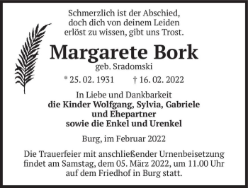 Traueranzeige von Margarete Bork (geb. Sradomski)  von Magdeburger Volksstimme
