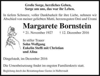 Traueranzeige von Margarete Bornstein  von Magdeburger Volksstimme