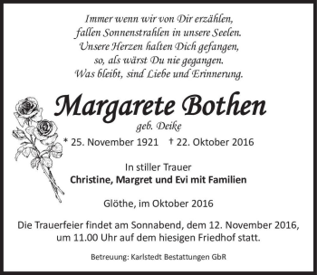 Traueranzeige von Margarete Bothen (geb. Deike)  von Magdeburger Volksstimme
