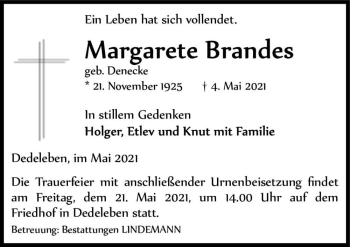 Traueranzeige von Margarete Brandes (geb. Denecke)  von Magdeburger Volksstimme