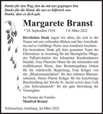 Traueranzeige von Margarete Branst  von Magdeburger Volksstimme