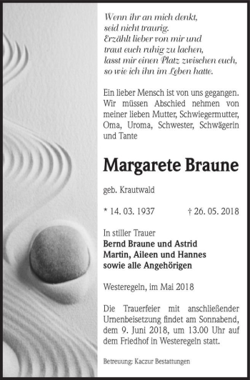 Traueranzeige von Margarete Braune (geb. Krautwald)  von Magdeburger Volksstimme