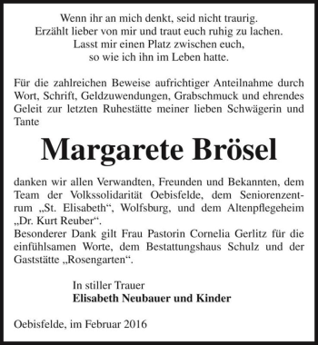 Traueranzeige von Margarete Brösel  von Magdeburger Volksstimme