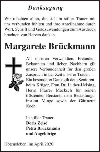 Traueranzeige von Margarete Brückmann  von Magdeburger Volksstimme