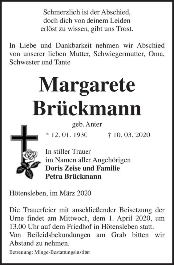 Traueranzeige von Margarete Brückmann (geb. Anter)  von Magdeburger Volksstimme