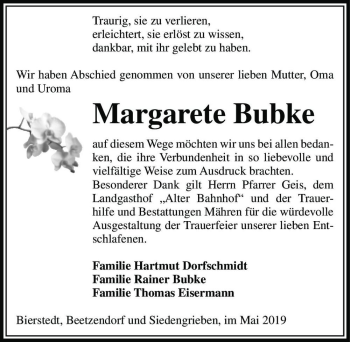 Traueranzeige von Margarete Bubke  von Magdeburger Volksstimme