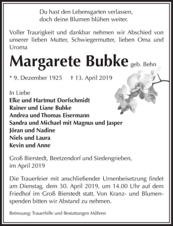 Traueranzeige von Margarete Bubke (geb. Behn)  von Magdeburger Volksstimme