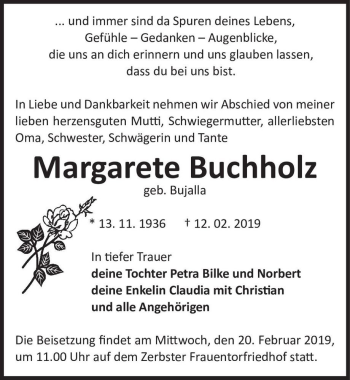 Traueranzeige von Margarete Buchholz (geb. Bujalla)  von Magdeburger Volksstimme
