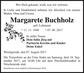 Traueranzeige von Margarete Buchholz (geb. Lehmann)  von Magdeburger Volksstimme