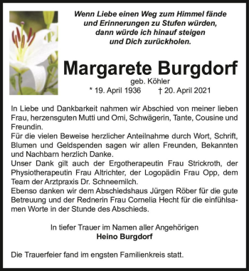 Traueranzeige von Margarete Burgdorf (geb. Köhler)  von Magdeburger Volksstimme