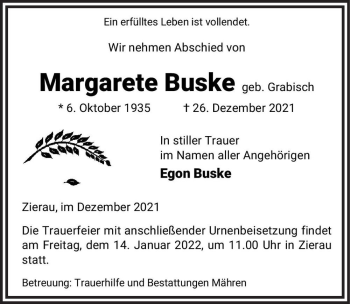 Traueranzeige von Margarete Buske (geb. Grabisch)  von Magdeburger Volksstimme