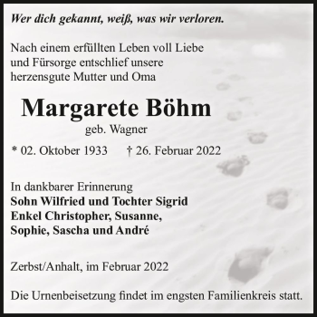 Traueranzeige von Margarete Böhm (geb. Wagner)  von Magdeburger Volksstimme