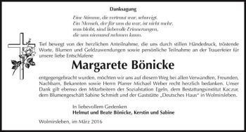 Traueranzeige von Margarete Bönicke  von Magdeburger Volksstimme