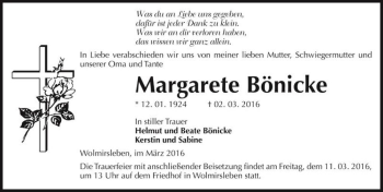 Traueranzeige von Margarete Bönicke  von Magdeburger Volksstimme