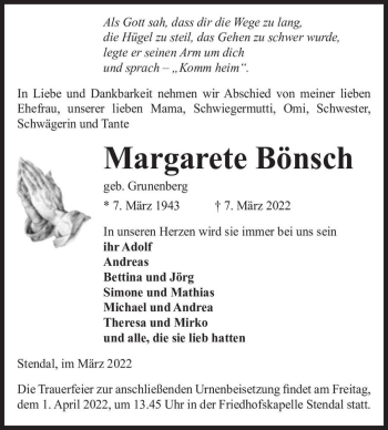 Traueranzeige von Margarete Bönsch (geb. Grunenberg)  von Magdeburger Volksstimme