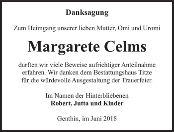 Traueranzeige von Margarete Celms  von Magdeburger Volksstimme