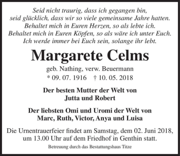 Traueranzeige von Margarete Celms (geb. Nathing, verw. Beuermann)  von Magdeburger Volksstimme
