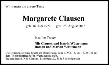 Traueranzeige von Margarete Clausen  von Magdeburger Volksstimme