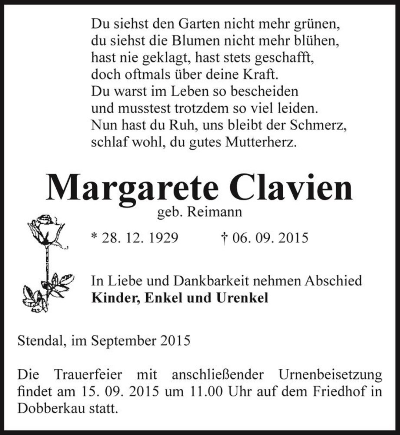  Traueranzeige für Margarete Clavien (geb. Reimann)  vom 09.09.2015 aus Magdeburger Volksstimme