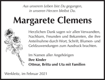 Traueranzeige von Margarete Clemens  von Magdeburger Volksstimme