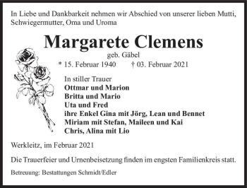 Traueranzeige von Margarete Clemens (geb. Gäbel)  von Magdeburger Volksstimme