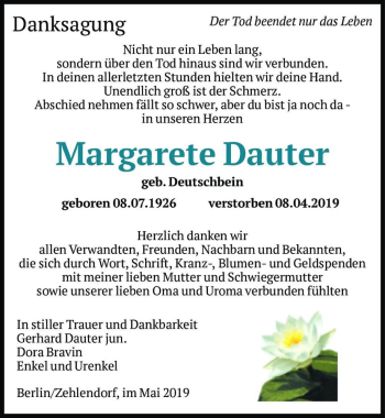 Traueranzeige von Margarete Dauter (geb. Deutschbein)  von Magdeburger Volksstimme