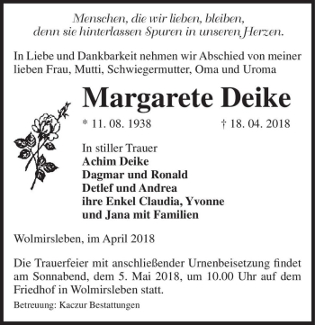 Traueranzeige von Margarete Deike  von Magdeburger Volksstimme