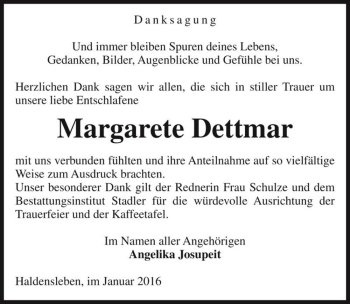 Traueranzeige von Margarete Dettmar  von Magdeburger Volksstimme