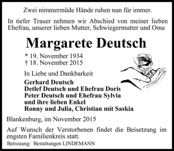 Traueranzeige von Margarete Deutsch  von Magdeburger Volksstimme