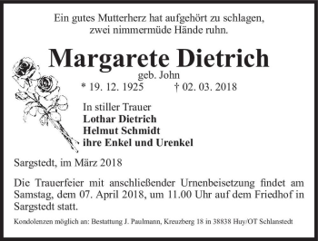 Traueranzeige von Margarete Dietrich (geb. John)  von Magdeburger Volksstimme
