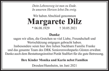 Traueranzeige von Margarete Dilz  von Magdeburger Volksstimme