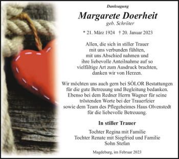 Traueranzeige von Margarete Doerheit (geb. Schröter)  von Magdeburger Volksstimme