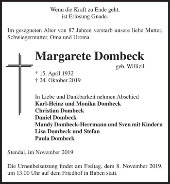 Traueranzeige von Margarete Dombeck (geb. Willizil)  von Magdeburger Volksstimme