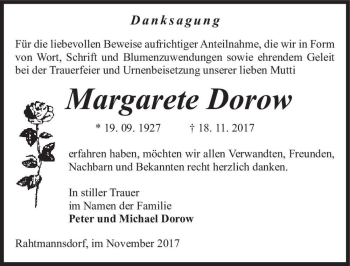 Traueranzeige von Margarete Dorow  von Magdeburger Volksstimme