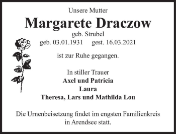 Traueranzeige von Margarete Draczow (geb. Strubel)  von Magdeburger Volksstimme
