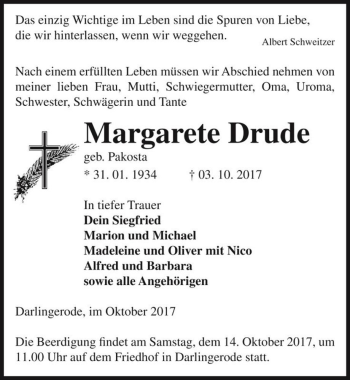 Traueranzeige von Margarete Drude (geb. Pakosta)  von Magdeburger Volksstimme