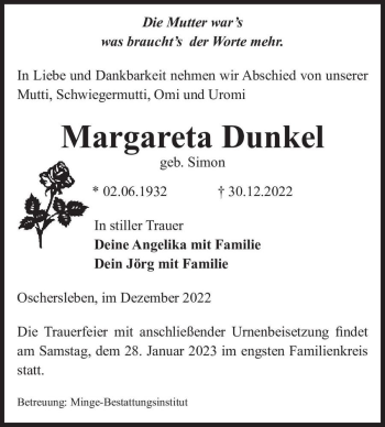 Traueranzeige von Margarete Dunkel (geb. Simon)  von Magdeburger Volksstimme