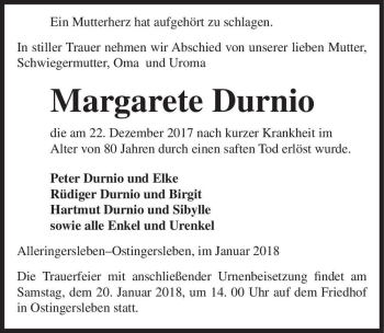 Traueranzeige von Margarete Durnio  von Magdeburger Volksstimme