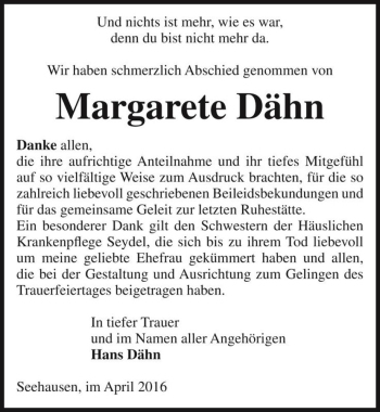 Traueranzeige von Margarete Dähn  von Magdeburger Volksstimme
