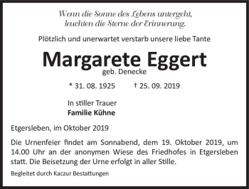 Traueranzeige von Margarete Eggert (geb. Denecke)  von Magdeburger Volksstimme