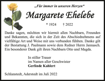 Traueranzeige von Margarete Ehelebe  von Magdeburger Volksstimme
