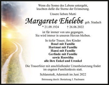 Traueranzeige von Margarete Ehelebe (geb. Stadach)  von Magdeburger Volksstimme