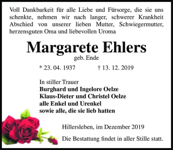 Traueranzeige von Margarete Ehlers (geb. Ende)  von Magdeburger Volksstimme