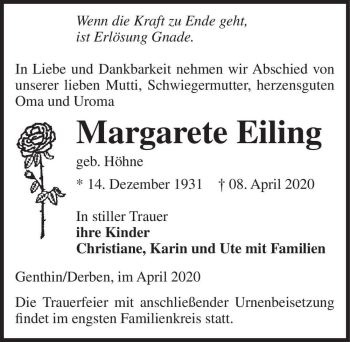 Traueranzeige von Margarete Eiling (geb. Höhne)  von Magdeburger Volksstimme