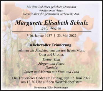 Traueranzeige von Margarete Elisabeth Schulz (geb. Wolfien)  von Magdeburger Volksstimme
