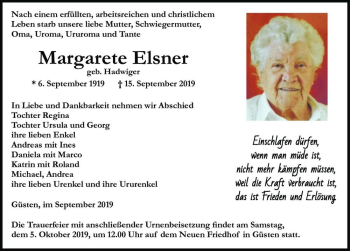 Traueranzeige von Margarete Elsner (geb. Hadwiger)  von Magdeburger Volksstimme