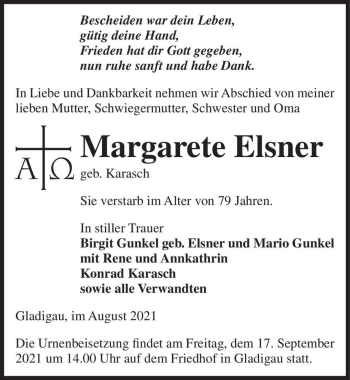 Traueranzeige von Margarete Elsner (geb. Karasch)  von Magdeburger Volksstimme