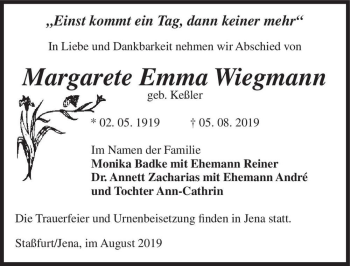 Traueranzeige von Margarete Emma Wiegmann (geb. Keßler)  von Magdeburger Volksstimme