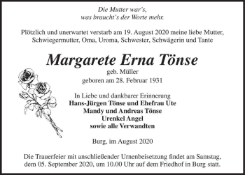 Traueranzeige von Margarete Erna Tönse (geb. Müller)  von Magdeburger Volksstimme